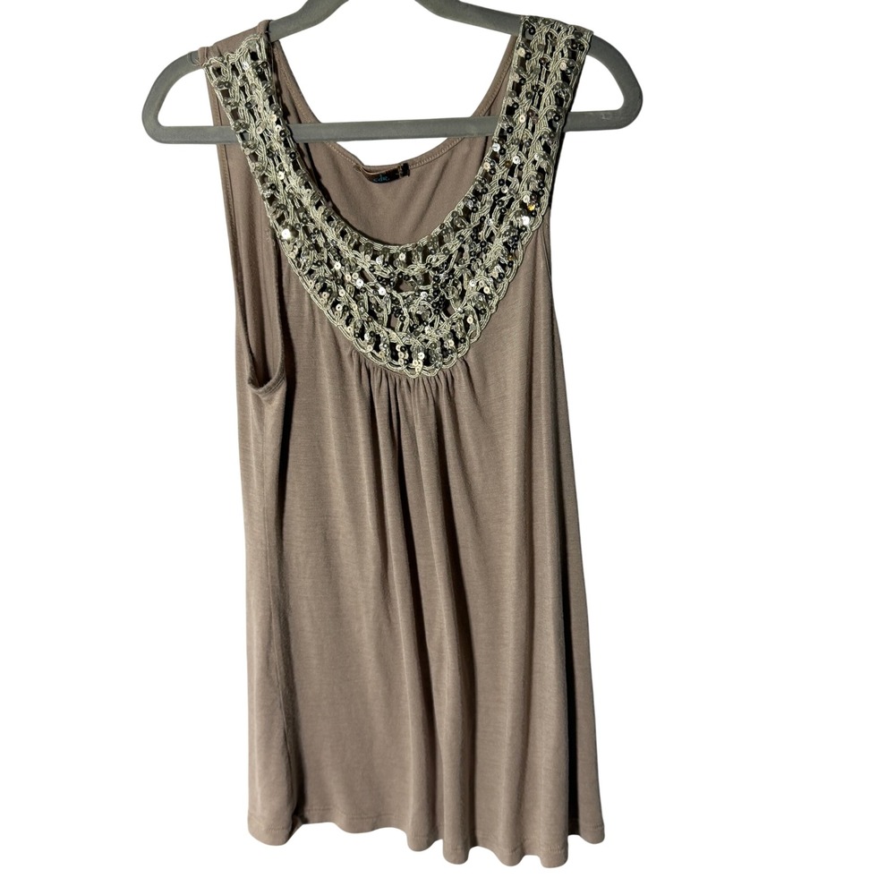 C.D.R. Taupe Sleeveless Tank Top Sequin Embellished Crochet Neckline Boho Blouse